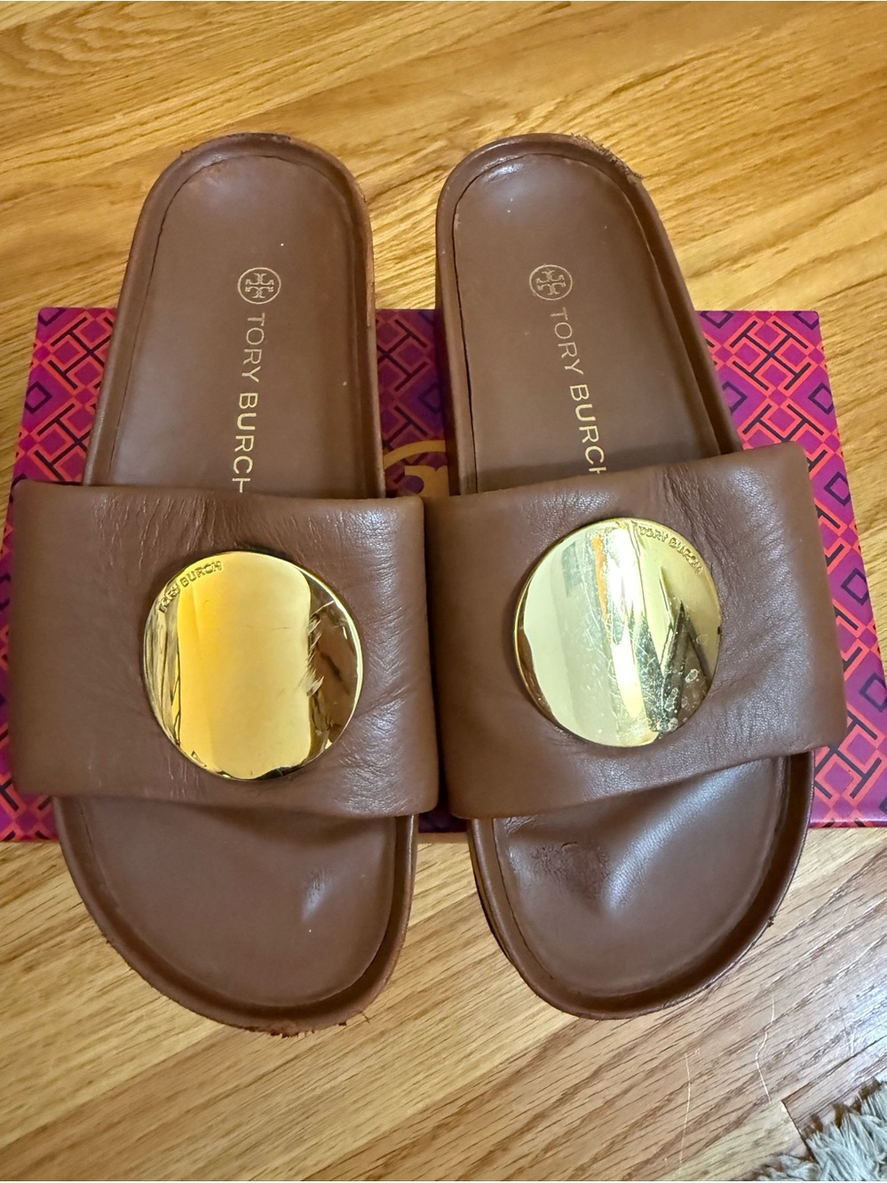 TORY BURCH Patos Disc Nappa Leather Platform Slide Sandals Size 7 M Burnt Cuoio